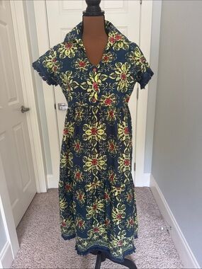 Navy Floral Midi Dress with Fringe Trim